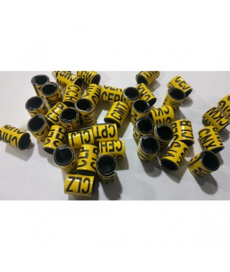 Bague couleur jaune gravées en noir de diamètre 10 mm déstockée pour oiseaux