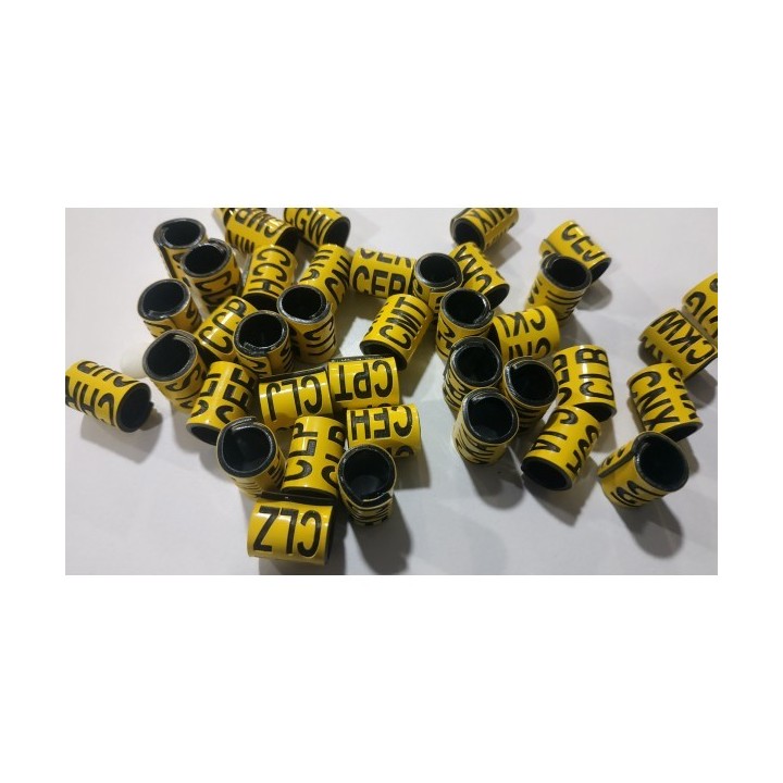 Bague couleur jaune gravées en noir de diamètre 10 mm déstockée pour oiseaux